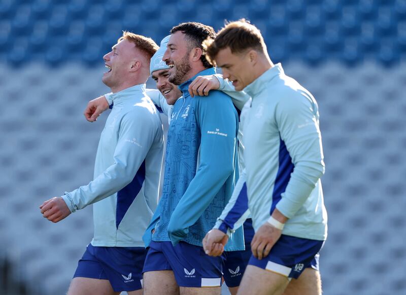 Ciarán Frawley, Garry Ringrose, Will Connors and Josh van der Flier share a laugh during the Leinster captain's run at Croke Park. Photograph: Dan Sheridan/Inpho