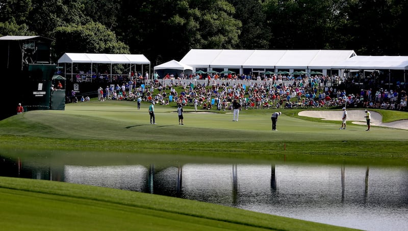 The 16th green at Quail Hollow has water to the left and a bunker to the right. Photograph: Streeter Lecka/Getty Images