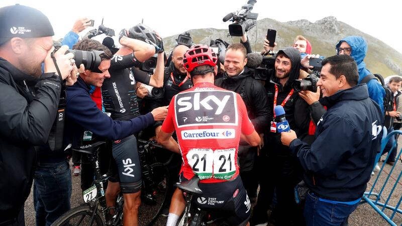 Froome of Sky team addresses the media at the end of the 20th stage of the Vuelta a Espana this year. Photo: Javier Lizon/EPA