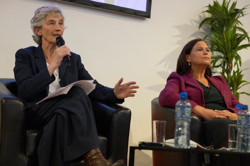 Catherine Connolly with Mary Lou McDonald at a panel discussion at DCU on the human rights of disabled people and carers in Ireland. Photograph: Chris Maddaloni/The Irish Times