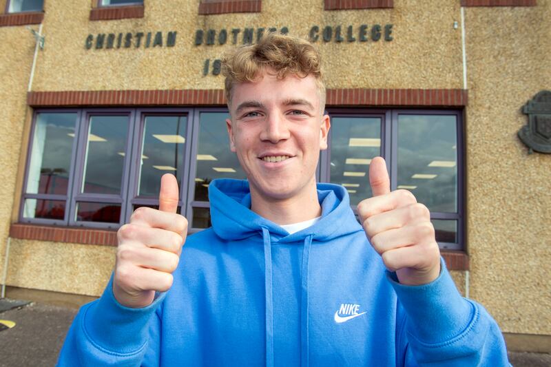 Luca Bennet of Christian Brothers College Cork who received 8H1s  celebrates on learning his Leaving Cert results. Photograph: Michael Mac Sweeney/Provision