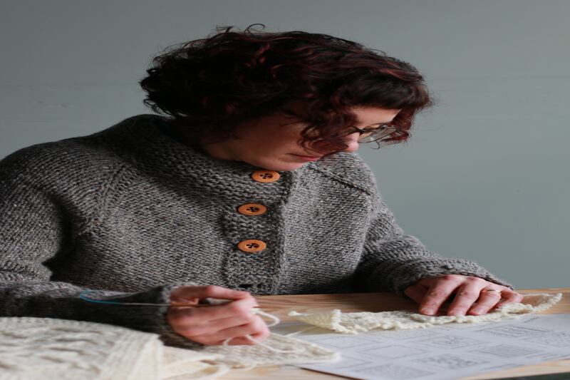 Carol Feller wearing the Sorn cardigan in soft Donegal wool