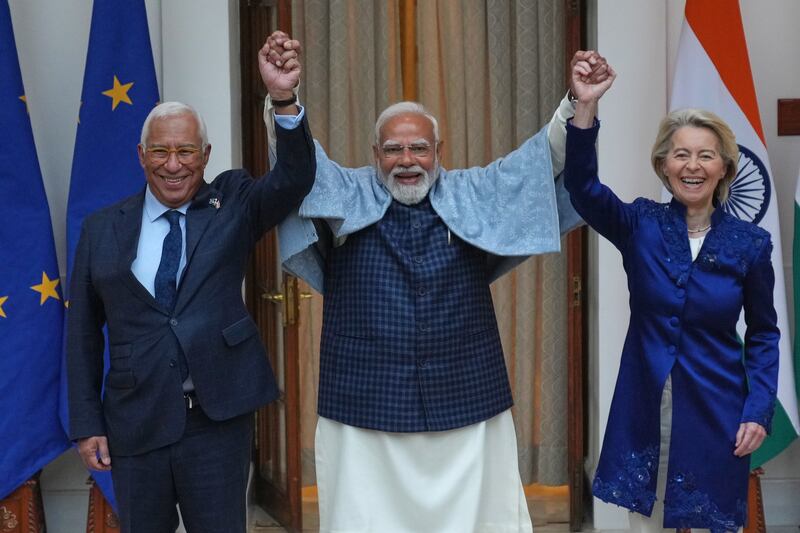 Indian prime minister Narendra Modi (centre) welcomes European Council president Antonio Costa (left) and European Commission president Ursula von der Leyen before their meeting in New Delhi. Photograph: Manish Swarup/AP