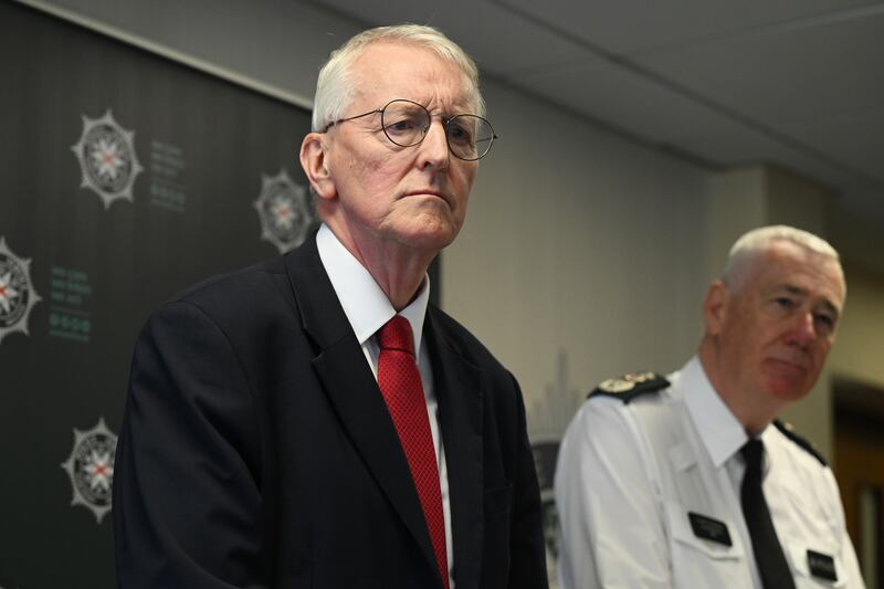 Northern Ireland Secretary, Hilary Benn, and Chief Constable of the PSNI, Jon Boutcher, at a press conference in Belfast on Wednesday. Photo: Charles McQuillan/Getty Images