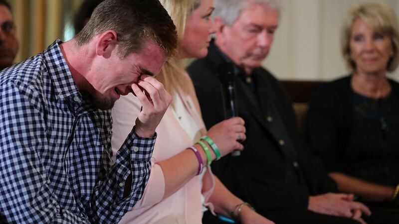 Marjory Stoneman Douglas High School senior Samuel Zeif weeps after talking about how his best friend was killed during last week’s mass shooting,  at the White House on Wednesday. Photograph:   Chip Somodevilla/Getty Images