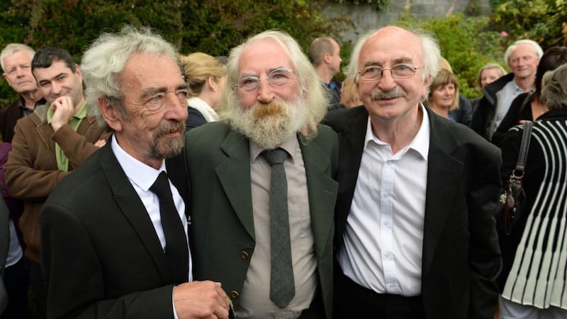 Mickey, Cormac and Cathal Mac Connell at the funeral of their brother, Seán Mac Connell, at the Church of the Divine Word, Rathfarnham. Photograph: Frank Miller