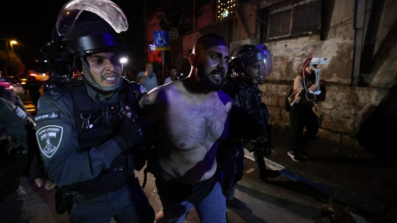 A Palestinian protester is arrested from in front of an Israeli settler’s house during a demonstration   in the Sheikh Jarrah neighbourhood of occupied East Jerusalem on May 5th. Photograph: Emmanuel Dunand/AFP via Getty Images