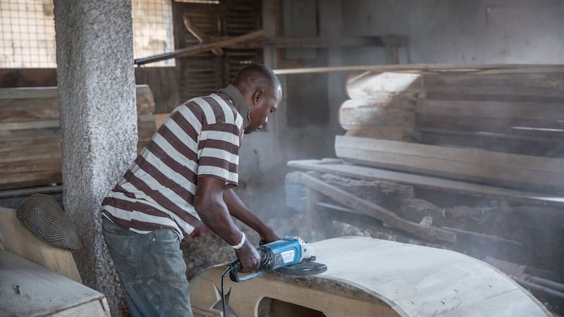 Daniel Obli Mensah (55), the owner of Hello Design Coffin, has been creating coffins since he was a small boy. Photograph: Sally Hayden