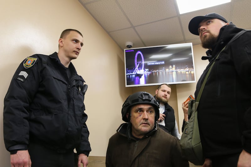 Serhiy Shalaiev (centre) was charged with the murder of Ukrainian activist Demyan Hanul. Photograph: Oleksii Arunian/Suspilne Ukraine/Global Images Ukraine/Getty