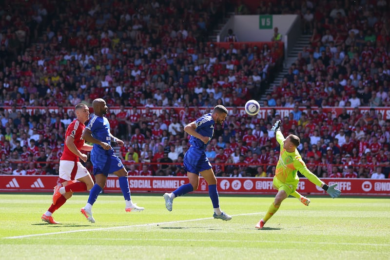 Conor Coady scores Leicester City's first goal. Photograph: Ed Sykes/Getty Images