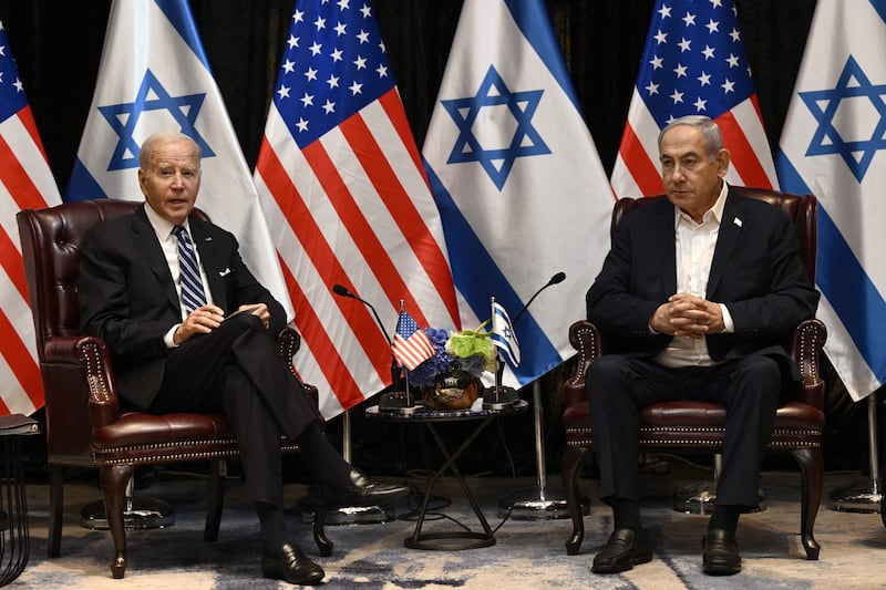 US president Joe Biden and Israel's prime minister Binyamin Netanyahu before a meeting of the Israeli war cabinet  in Tel Aviv on Wednesday. Photograph: Brendan Sialowski/AFP