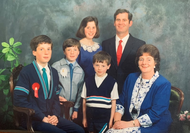 The O'Donoghue family in 1988, celebrating the confirmation of Darragh (far left) and communion of Déaglán (left). Domhnall stands in the centre, with Deirdre in the back row. They are joined by their parents, Máire and John