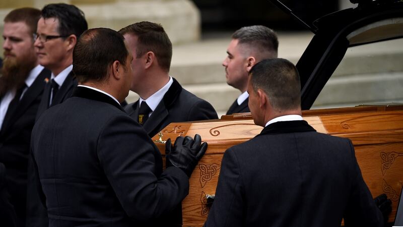 Pallbearers carry the coffin of journalist Lyra McKee at her funeral at St Anne’s Cathedral in Belfast. Photograph: Clodagh Kilcoyne