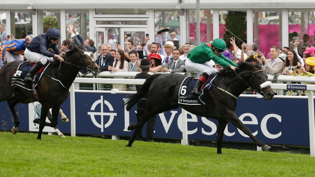 Harzand ridden by Pat Smullen winning the  Investec Derby at Epsom. Photograph: Henry Browne/Reuters/Livepicy