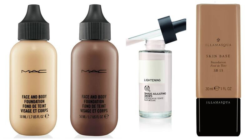 Mac Face and Body Foundation in Shade N1 or N7 (€31.50); The Body Shop Shade Adjusting Drops (€17); Illamasqua Skin Base Foundation (€28.75 - €30.50 from Debenhams)