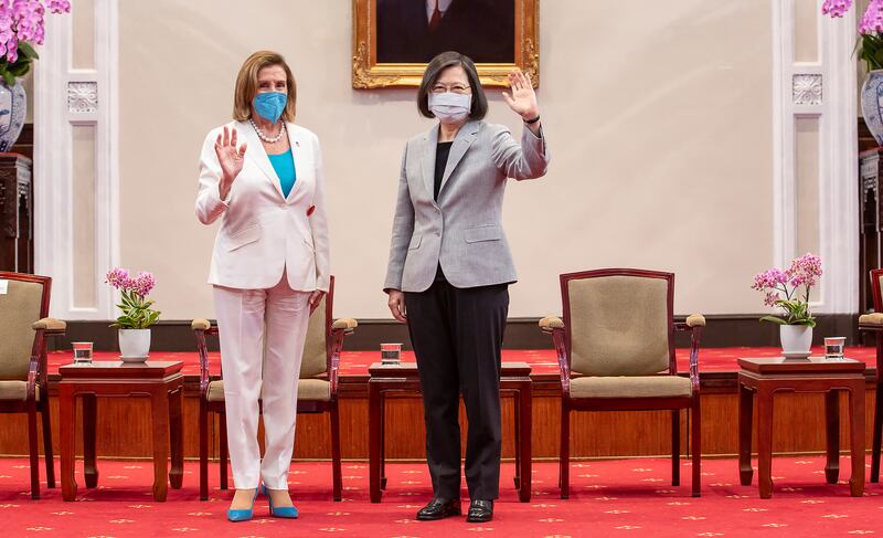 US House Speaker Nancy Pelosi and Taiwanese president Tsai Ing-wen during a meeting in Taipei, Taiwan, on Wednesday. Photograph: Taiwan Presidential Office/AP