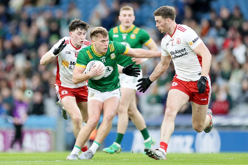 Ruairí Kinsella with Tyrone's Ciarán Daly and Brian Kennedy during an Allianz Football League Division 2 fixture in Croke Park. Photograph: Laszlo Geczo/Inpho
