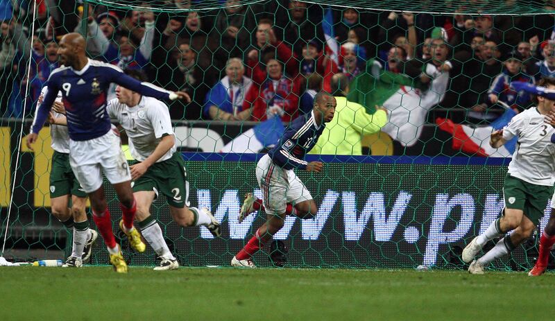 Thierry Henry at the scene of France's goal against Ireland in a playoff for the 2010 World Cup. Photograph: Donall Farmer/Inpho