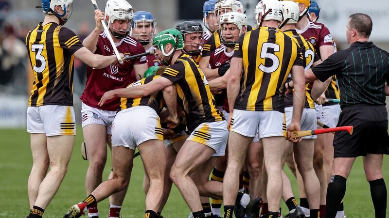 Tempers flare between the two teams during the Leinster SHC game at TEG Cusack Park. Photograph: John McVitty/Inpho
