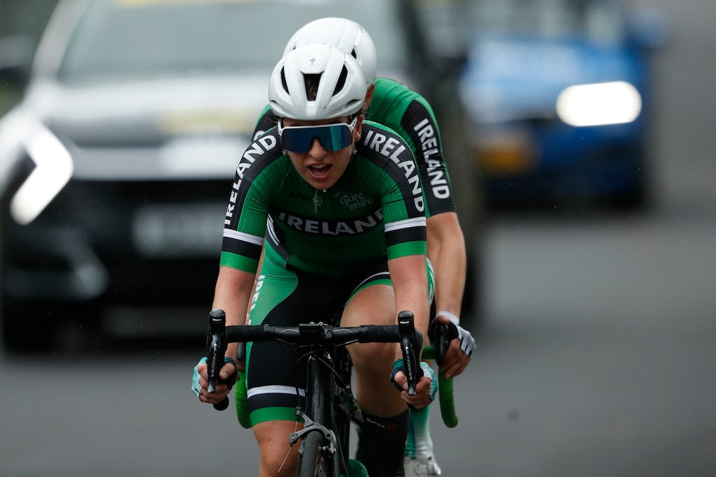 Ireland's Katie-George Dunlevy (hidden) with pilot Linda Kelly in action in the Women's B Road Race during day nine of the 2023 UCI Cycling World Championships. Photograph: Will Matthews/PA Wire