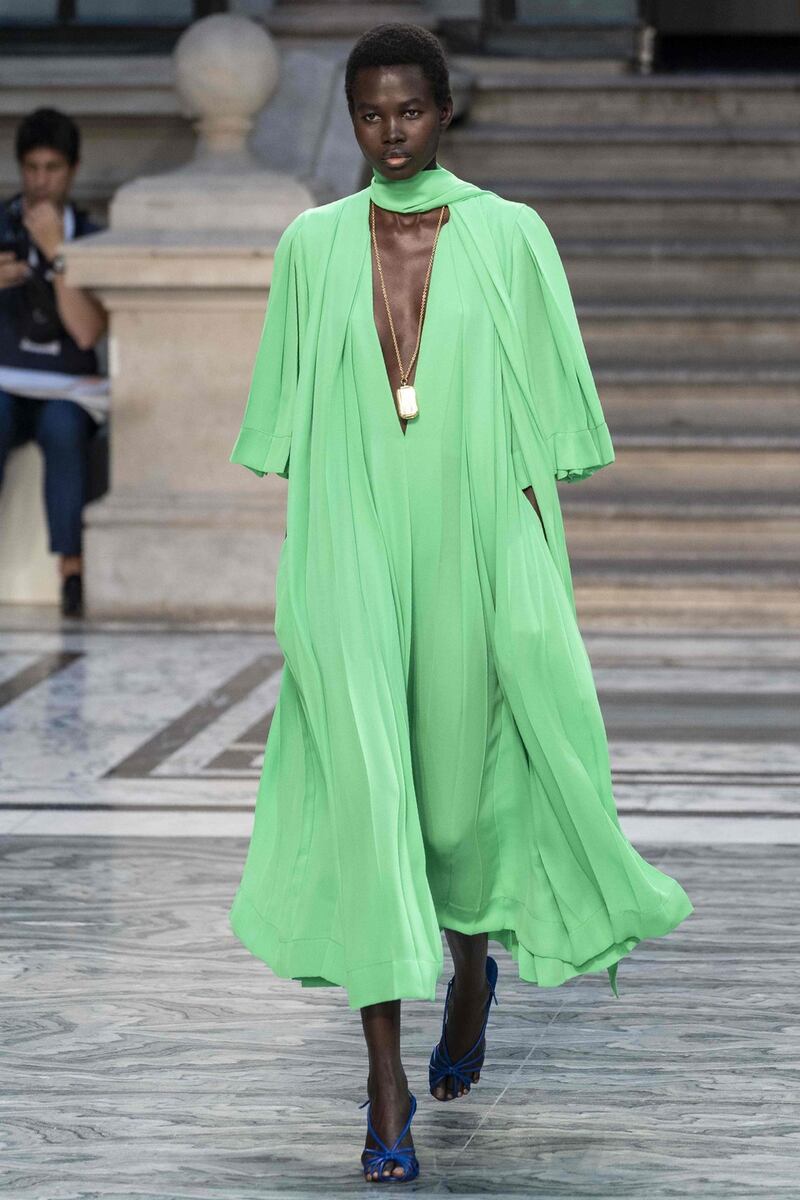 A model presents a creation from  Victoria Beckham. Photograph: Niklas Halle’n/AFP/Getty