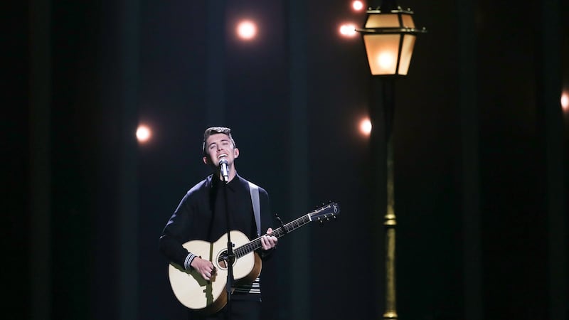 Ryan O’Shaughnessy representing Ireland with ‘Together’ performs during the Eurovision final in Lisbon. Photograph: Jose Sena Goulao/EPA