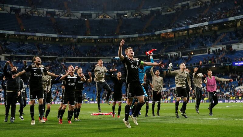 Matthijs de Ligt leads the Ajax celebrations after the  4-1 victory over Real Madrid in the  Champions League round of 16 second leg at the Santiago Bernabéu stadium. Photograph: Susana Vera/Reuters