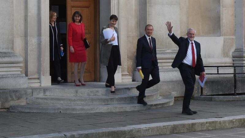 Labour Party leader Jeremy Corbyn waves in Cambridge yesterday. Photograph: BBC via Reuters