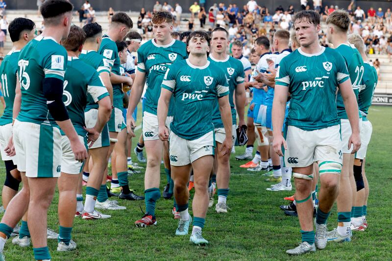 Ireland players dejected after the loss to Scotland in Verona. Photograph: Sebastiano Pessina/Inpho