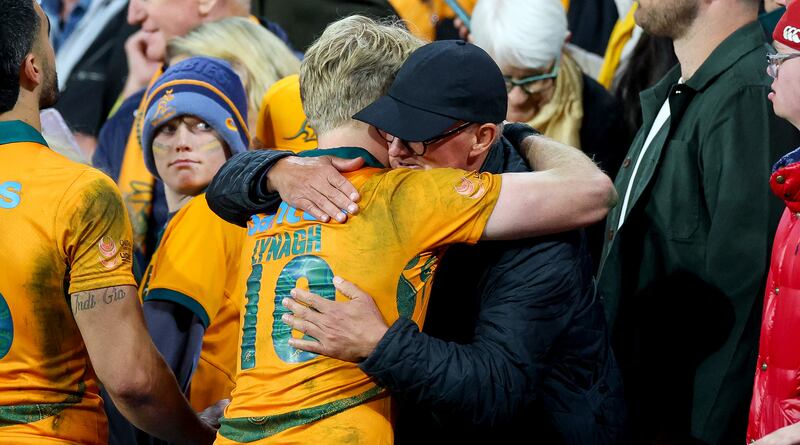 Australia’s Tom Lynagh with his father Michael after the first Test against Lions on July 19th. Photograph: James Crombie/Inpho