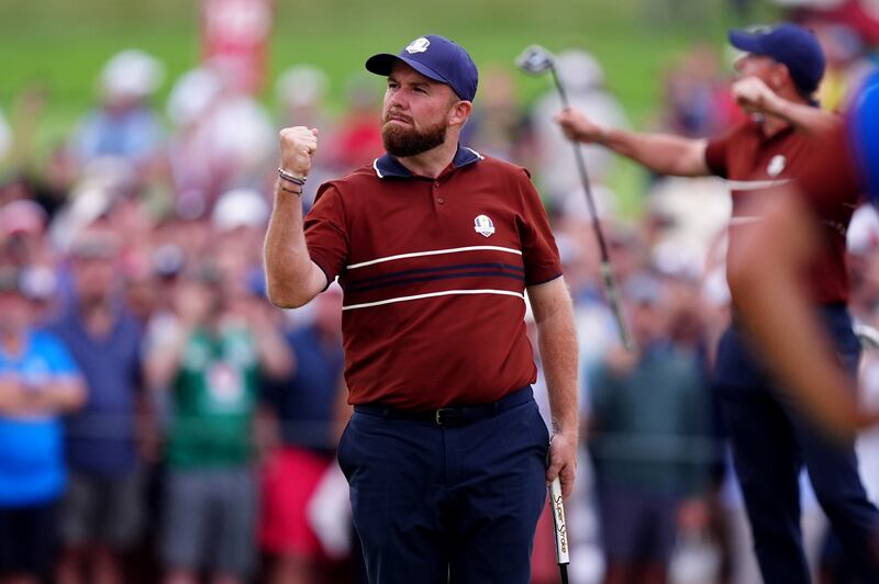 Shane Lowry of Team Europe celebrates a birdie on 17. Photograph: Mike Egerton/PA