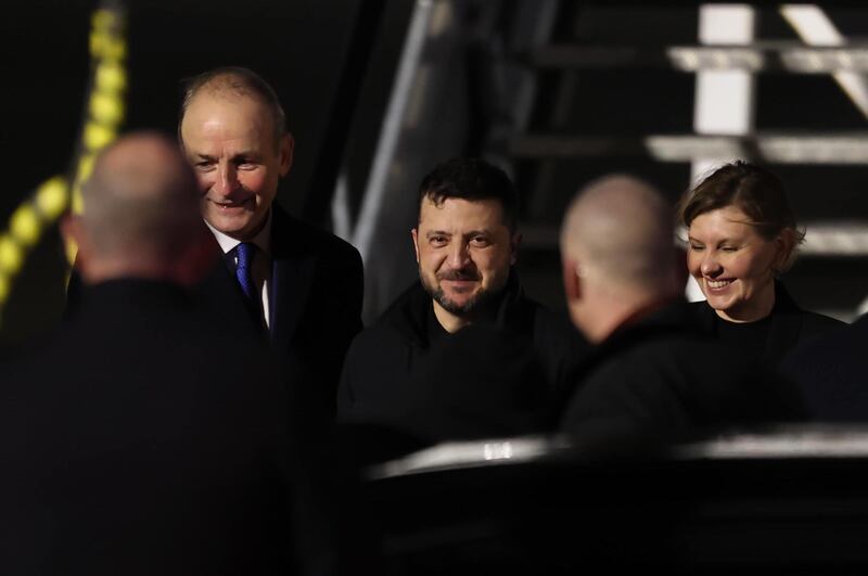 Micheál Martin, Volodymyr Zelenskiy and his wife Olena Zelenska at Dublin Airport. Photograph: Liam McBurney/PA Wire