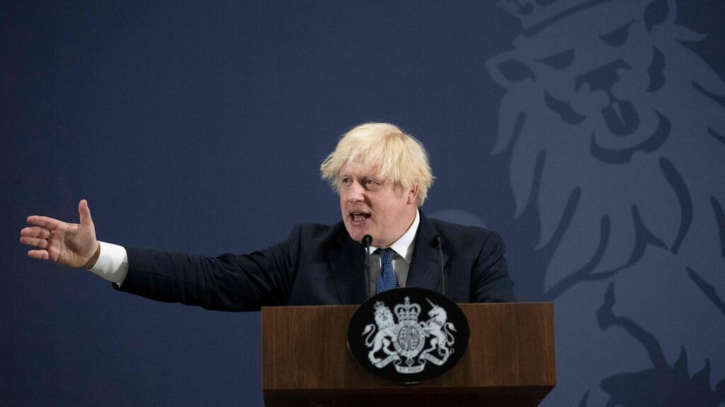 Boris Johnson delivers a speech on “levelling up” in the regions during a visit to the UK Battery Industrialisation Centre in Coventry. Photograph: David Rose/AFP/Getty Imagers