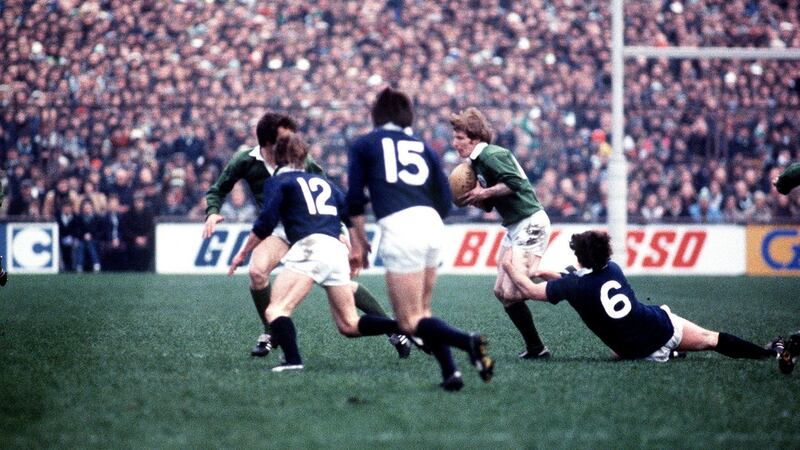 Ireland’s Ollie Campbell in action against Scotland in the Five Nations in 1982. Photograph: Billy Stickland/Inpho