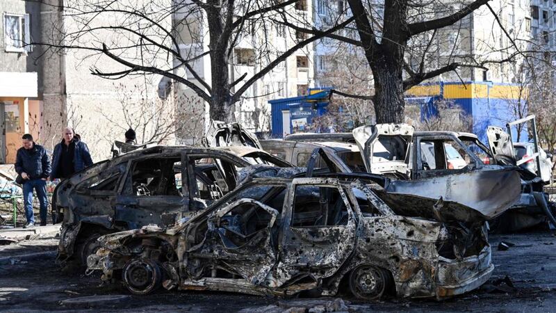 A view of cars destroyed by recent shelling on the ouskirts of Kyiv. Photograph:   Genya Savilov/AFP via Getty Images