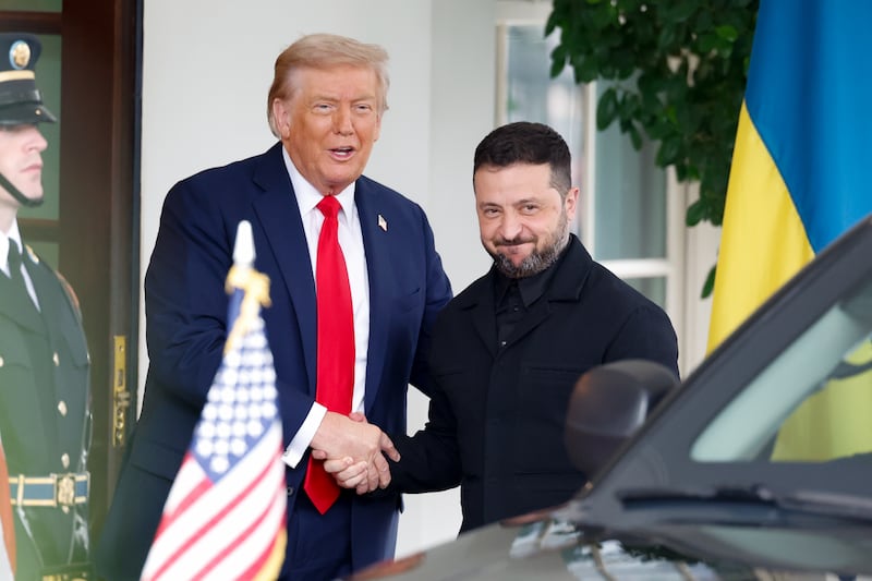 Donald Trump greets Volodymyr Zelenskiy outside the West Wing of the White House in Washington, DC. Photograph: Ting Shen/Bloomberg