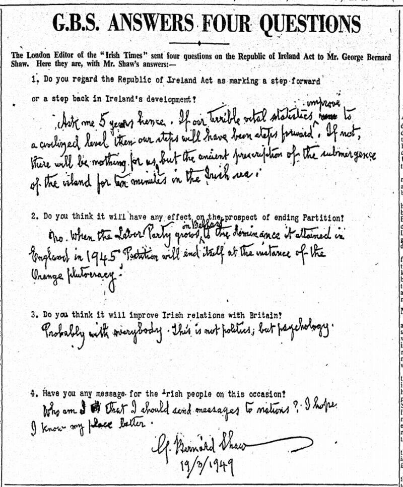 ’George Bernard Shaw answers four questions’ - The Irish Times, April 19th, page 6
