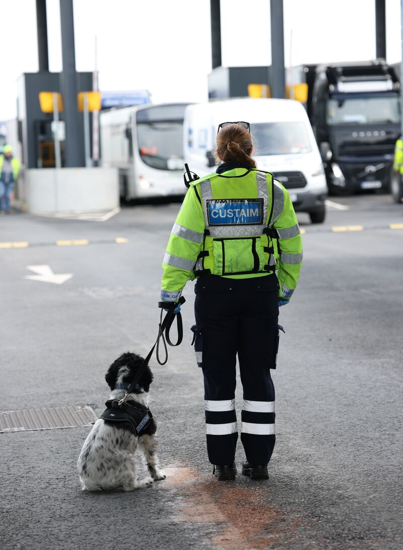 Customs Official and detection dog as traffic arrives into the country at Rosslare Europort. Photo: Bryan O’Brien 