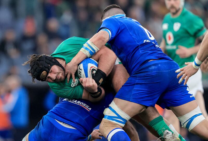 Ireland prop Tom O’Toole is tackled during the Six Nations game against  Italy. Photograph: Dan Sheridan/Inpho 