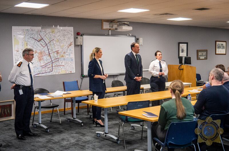 Taoiseach Leo Varadkar, Minister for Justice Helen McEntee and Garda Commissioner Drew Harris at a garda briefing in Store Street on Friday night