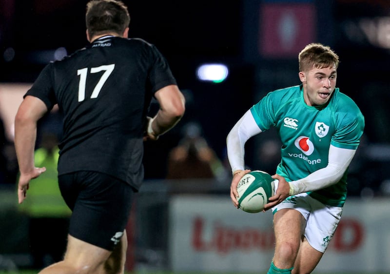 Ireland A's Jack Crowley in action against the All Blacks XV: it was noticeable that Crowley was with the senior squad on Saturday at the Aviva, when relaying instructions on to the field as a water carrier.
Photograph: Dan Sheridan/Inpho