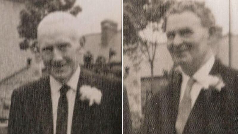 Two sides, one wedding: Sean Morgan (1900-1983, left) joined the IRA and took anti-Treaty side in the Civil War. He was jailed in Mountjoy and became a teacher after the war. Edward Drew (1902-1992) joined the IRA but took pro-Treaty side in the war. Afterwards he became a garda. They met just once at the wedding pictured in 1967.