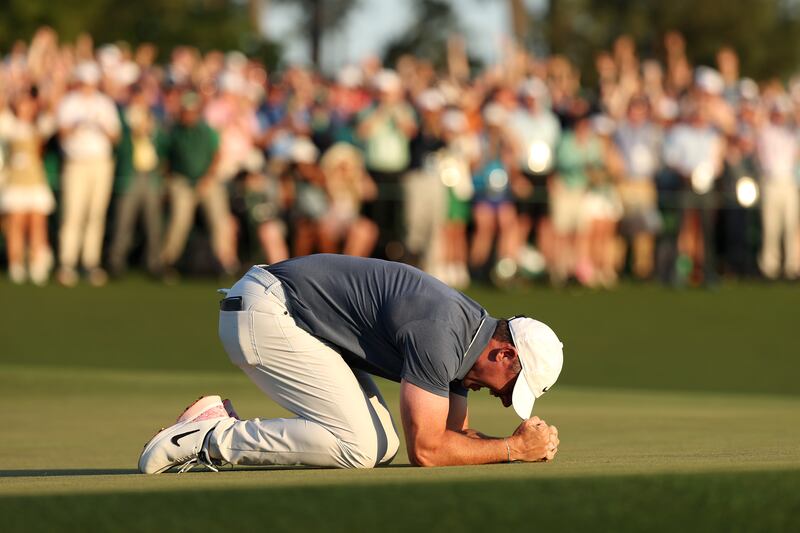 Rory McIlroy celebrates winning the 2025 Masters Tournament. Photograph: Richard Heathcote/Getty Images