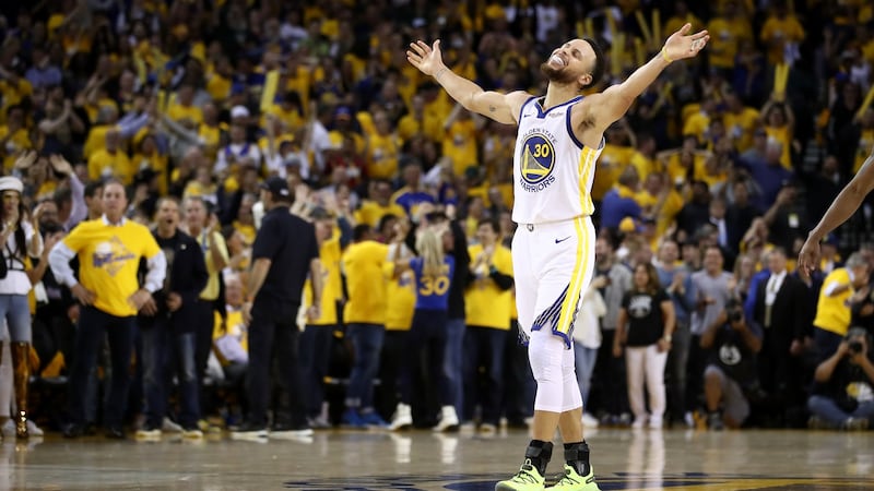 Golden State Warriors’s Stephen Curry   reacts after Klay Thompson  makes a clinching basket   against the Houston Rockets in Game Five of the Western Conference Semifinals of the 2019 NBA Playoffs at Oracle Arena last month in California. Photograph: Ezra Shaw/Getty Images
