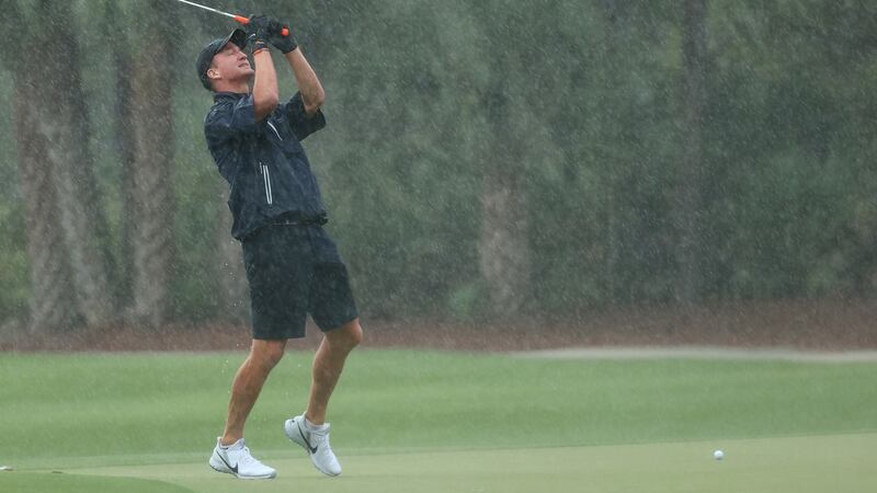 Former NFL quarterback  Peyton Manning reacts to a missed putt on the 13th green during The Match: Champions For Charity at Medalist Golf Club in Hobe Sound, Florida on Sunday. Photograph:  Mike Ehrmann/Getty Images