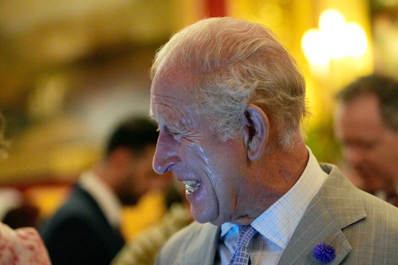 Beads of sweat runs down the cheek Britain's King Charles III as he attends a London Climate Week reception, hosted by the Department for Energy Security and Net Zero (DESNZ), at St James's Palace, London on June 24, 2026. (Photo by Yui Mok / POOL / AFP via Getty Images)