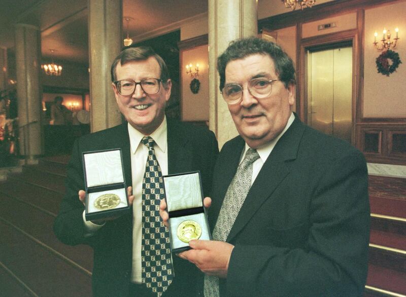 David Trimble and John Hume with their  Alfred Nobel medals at the Grand Hotel after receiving the Nobel Peace Prize in Oslo in 1998. File photograph: Matt Kavanagh.