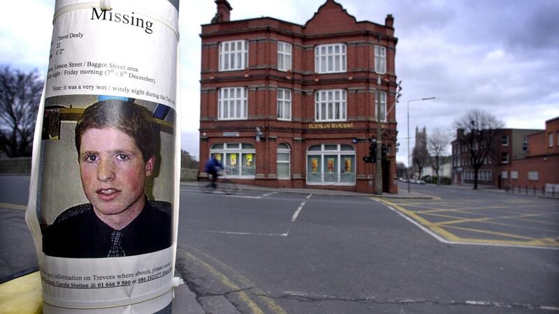 A poster of Trevor Deely  near the former bank at Baggot Street Bridge, Dublin, where he was last seen on CCTV. Photograph: Cyril Byrne