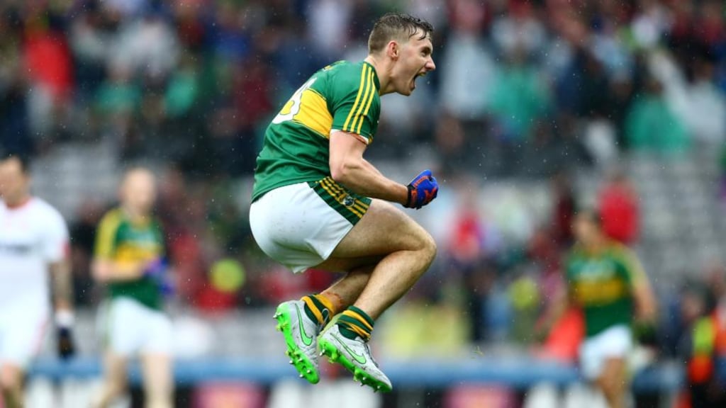Kerry’s James O’Donoghue jumps with joy following at the final whistle at Croke Park. Photograph: Cathal Noonan/Inpho