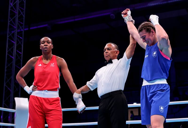 Aoife O'Rourke is declared the winner following her bout against Davina-Myrha Michel of France. Photograph: Tom Maher/Inpho